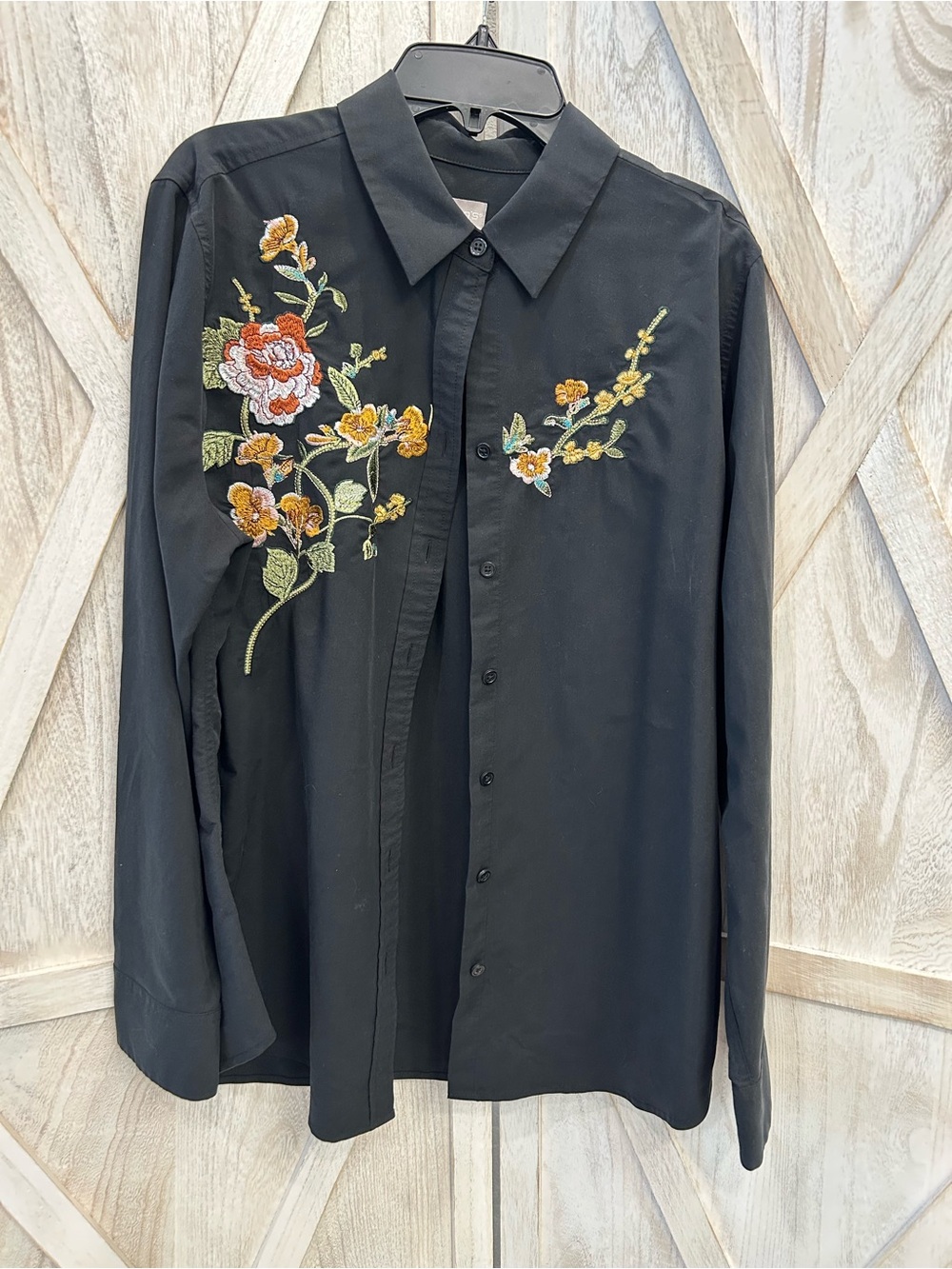 Chico's Black Button-Down Shirt with Floral Embroidery